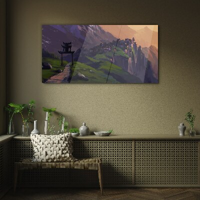 Misty mountain landscape with a pagoda Wall art on glass