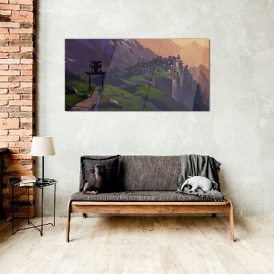 Misty mountain landscape with a pagoda Wall art on glass