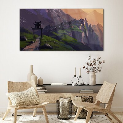 Misty mountain landscape with a pagoda Wall art on glass