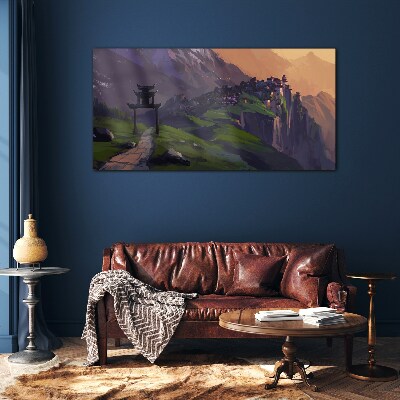 Misty mountain landscape with a pagoda Wall art on glass
