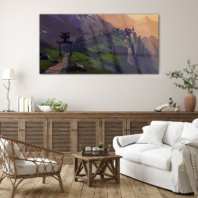 Misty mountain landscape with a pagoda Wall art on glass