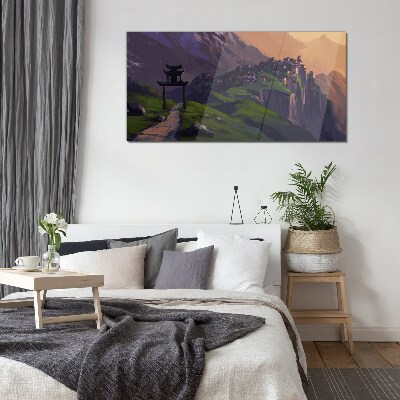 Misty mountain landscape with a pagoda Wall art on glass