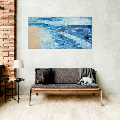 Calm sea with a sailboat Wall art on glass