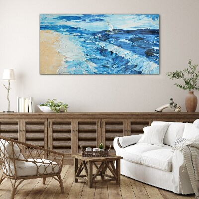 Calm sea with a sailboat Wall art on glass