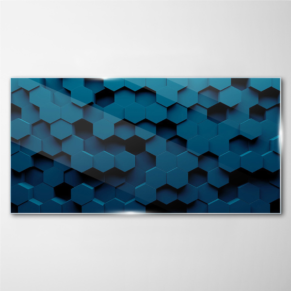 Geometric hexagons in shades of blue Wall art on glass