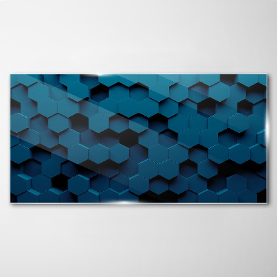 Geometric hexagons in shades of blue Wall art on glass