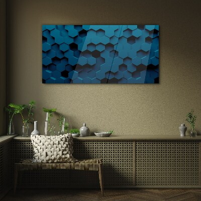 Geometric hexagons in shades of blue Wall art on glass