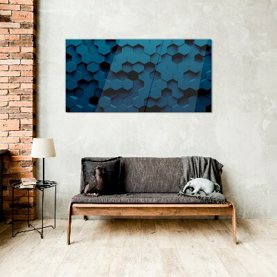 Geometric hexagons in shades of blue Wall art on glass