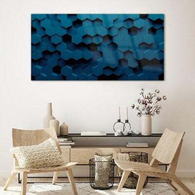 Geometric hexagons in shades of blue Wall art on glass