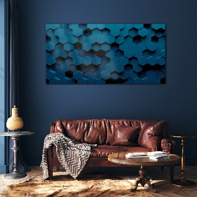 Geometric hexagons in shades of blue Wall art on glass
