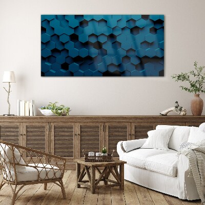 Geometric hexagons in shades of blue Wall art on glass