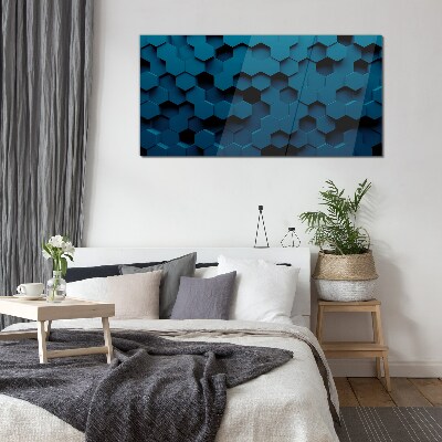 Geometric hexagons in shades of blue Wall art on glass