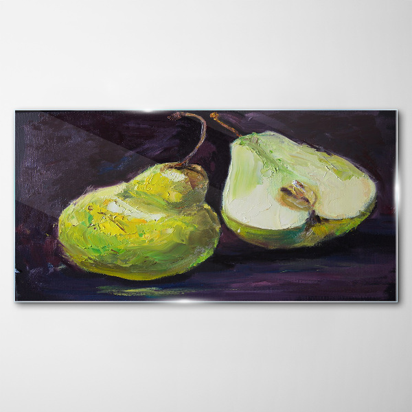 Green pears on a dark background Glass art print