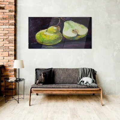 Green pears on a dark background Glass art print