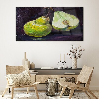 Green pears on a dark background Glass art print