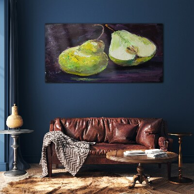 Green pears on a dark background Glass art print