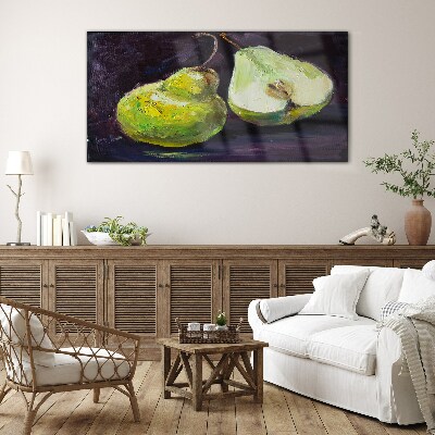 Green pears on a dark background Glass art print
