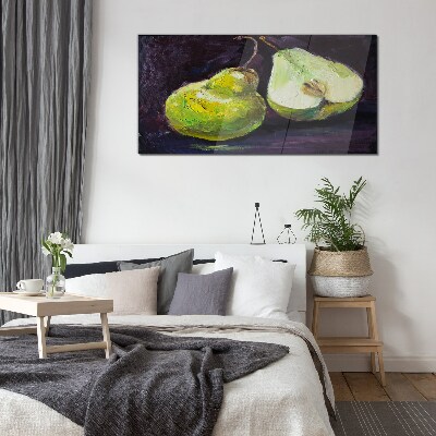 Green pears on a dark background Glass art print