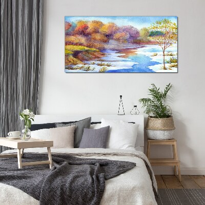 Spring landscape by the river Wall art on glass