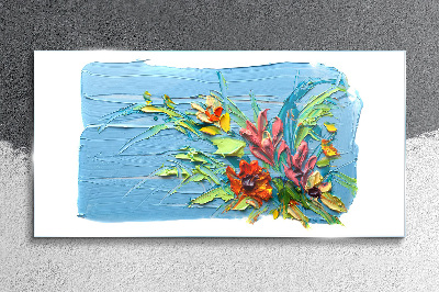 Flowers on a blue background Glass art print