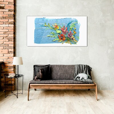 Flowers on a blue background Glass art print