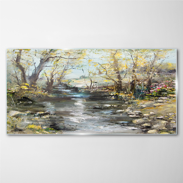 Spring landscape by the stream Wall art on glass