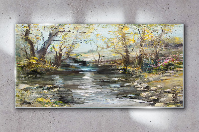 Spring landscape by the stream Wall art on glass