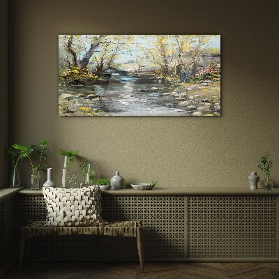 Spring landscape by the stream Wall art on glass