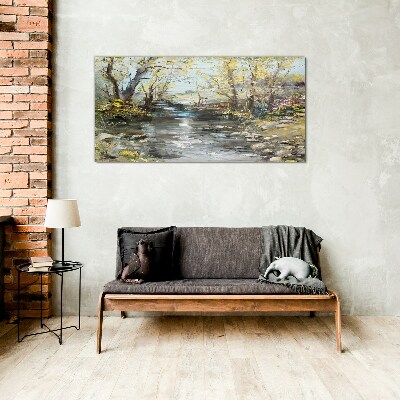 Spring landscape by the stream Wall art on glass