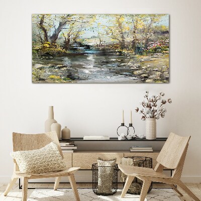 Spring landscape by the stream Wall art on glass