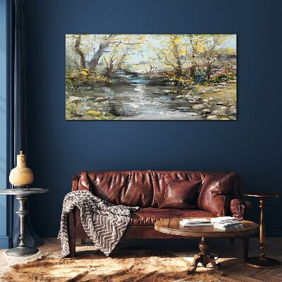 Spring landscape by the stream Wall art on glass