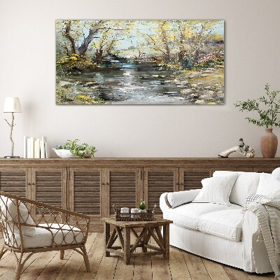 Spring landscape by the stream Wall art on glass