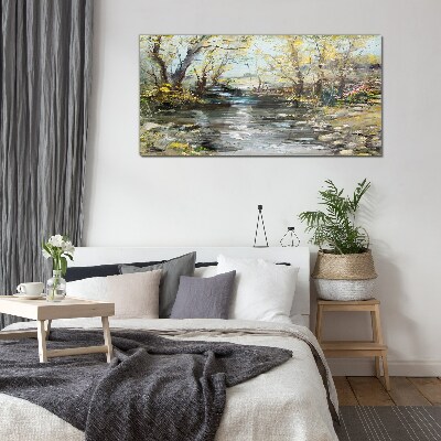 Spring landscape by the stream Wall art on glass