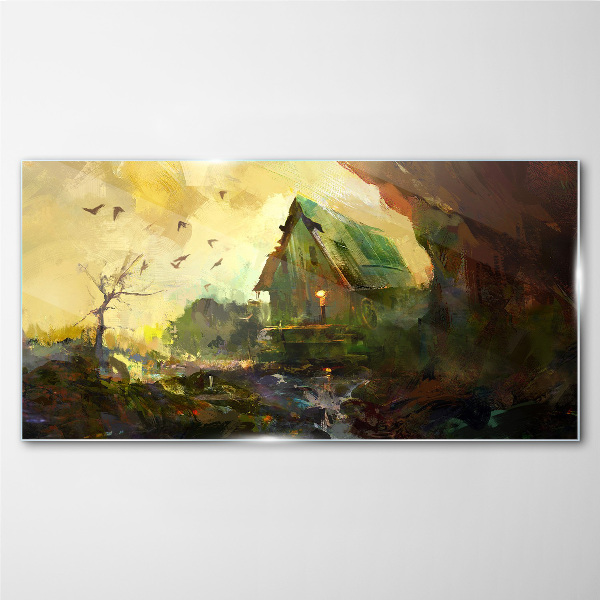 Winter landscape with a house Glass art print