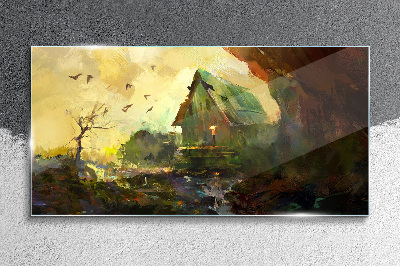 Winter landscape with a house Glass art print