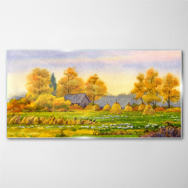 Golden autumn in the rural landscape Glass art print