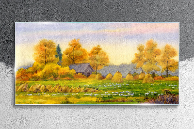 Painting autumn village Glass Wall Art