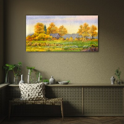 Golden autumn in the rural landscape Glass art print