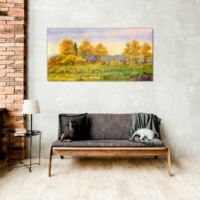 Golden autumn in the rural landscape Glass art print