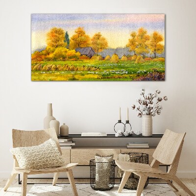 Golden autumn in the rural landscape Glass art print