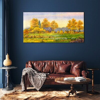 Golden autumn in the rural landscape Glass art print