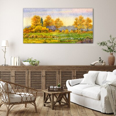 Golden autumn in the rural landscape Glass art print