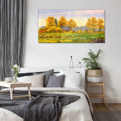 Golden autumn in the rural landscape Glass art print