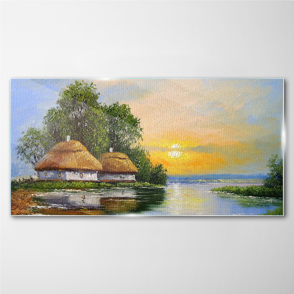 A peaceful sunset over the village Wall art on glass