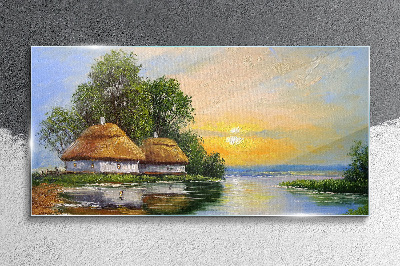 A peaceful sunset over the village Wall art on glass