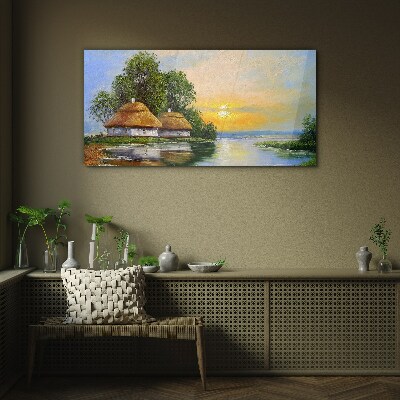 A peaceful sunset over the village Wall art on glass