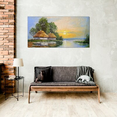 A peaceful sunset over the village Wall art on glass