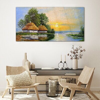A peaceful sunset over the village Wall art on glass