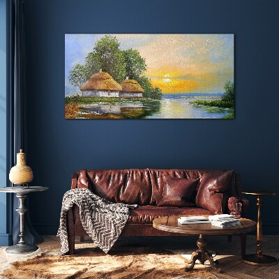 A peaceful sunset over the village Wall art on glass