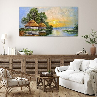 A peaceful sunset over the village Wall art on glass